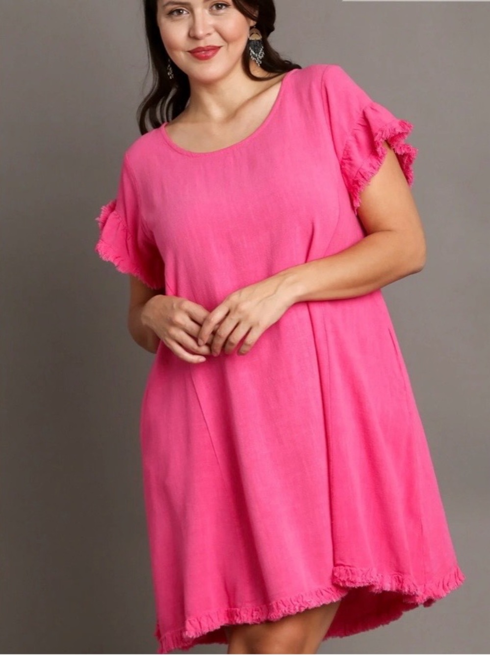 Umgee Hot Pink Textured Shift Dress with Frayed Trim